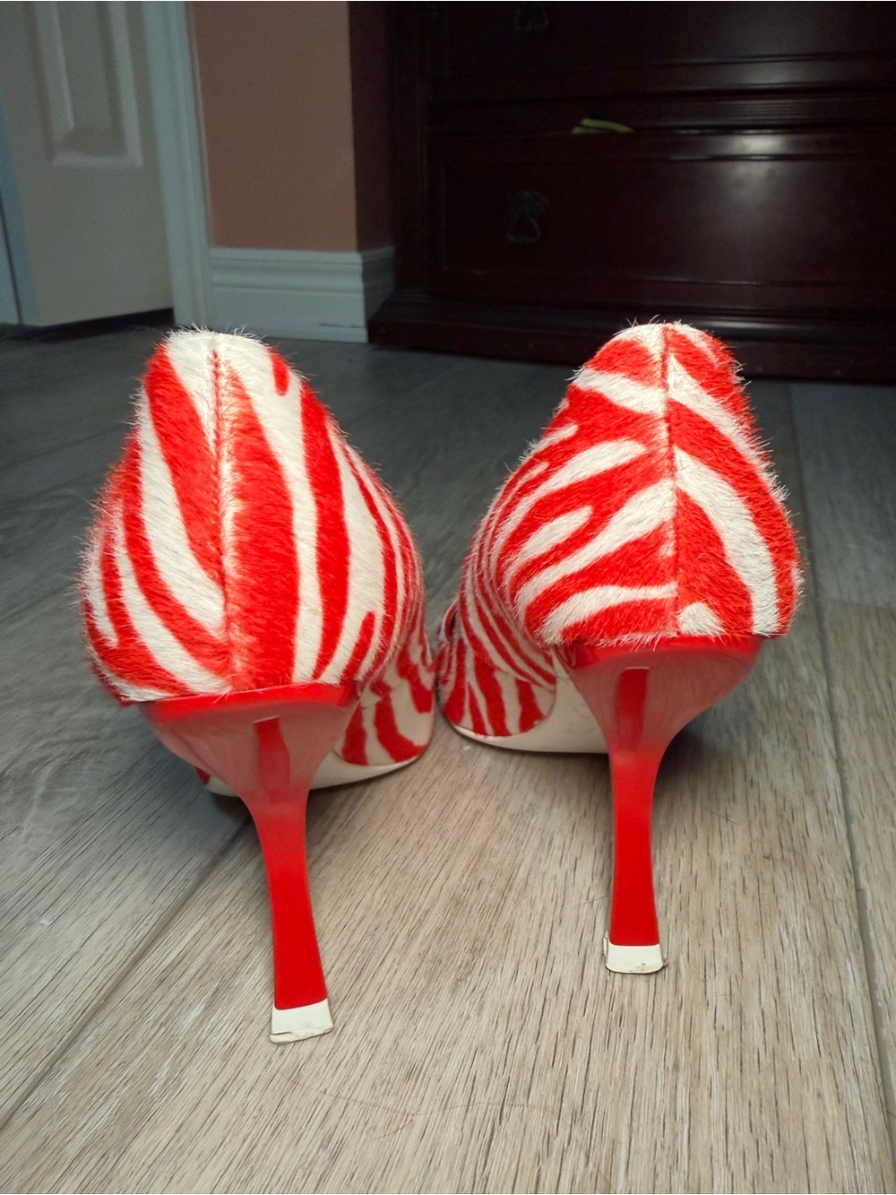 Roger Vivier Red and White Zebra-Print Pointed Toe Pumps - Picture 2 of 5
